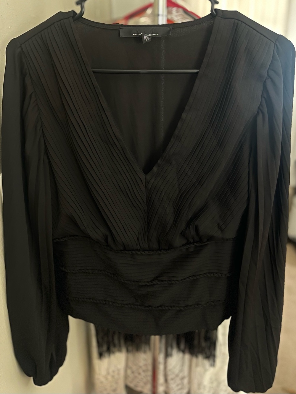 WHBM- Black Pleated V-Neck Blouse